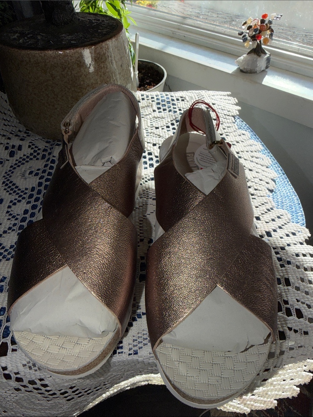 PIKOLINOS Metallic Brown Crisscross Wedge Sandals